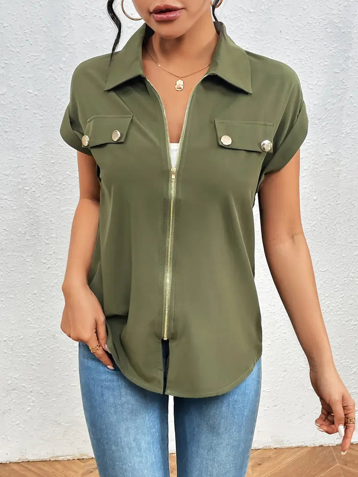 Alfano - Elegant Short Sleeve Blouse With Zipper