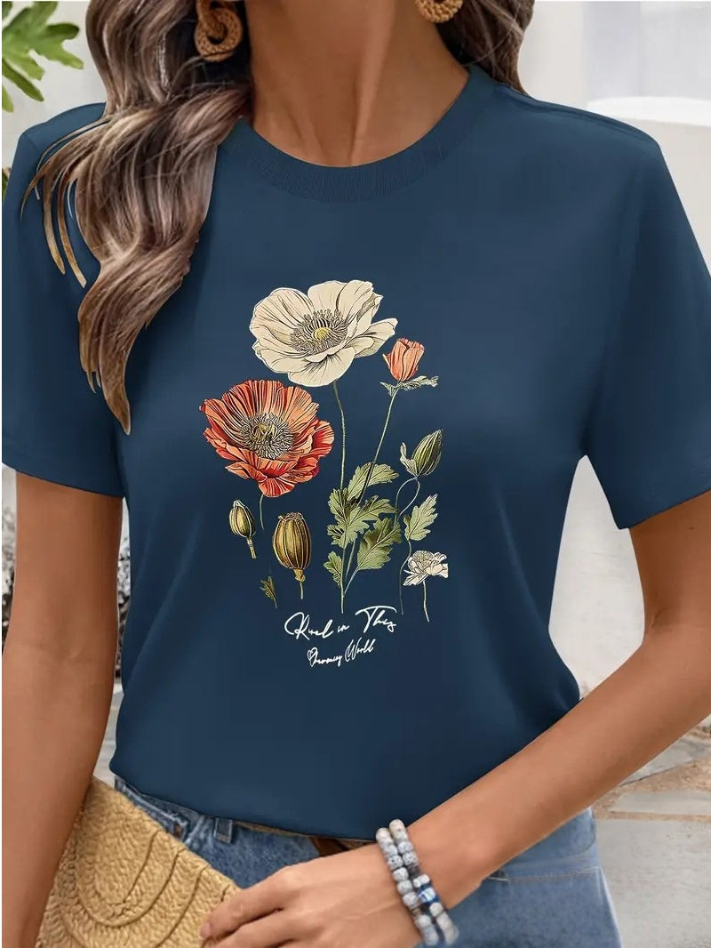 Aimilia - Elegant Short Sleeve T-Shirt With Floral Print