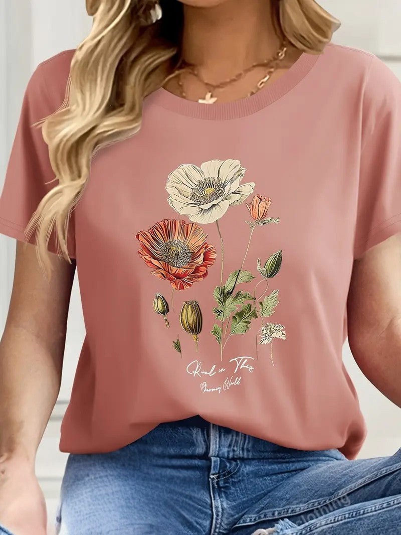 Aimilia - Elegant Short Sleeve T-Shirt With Floral Print