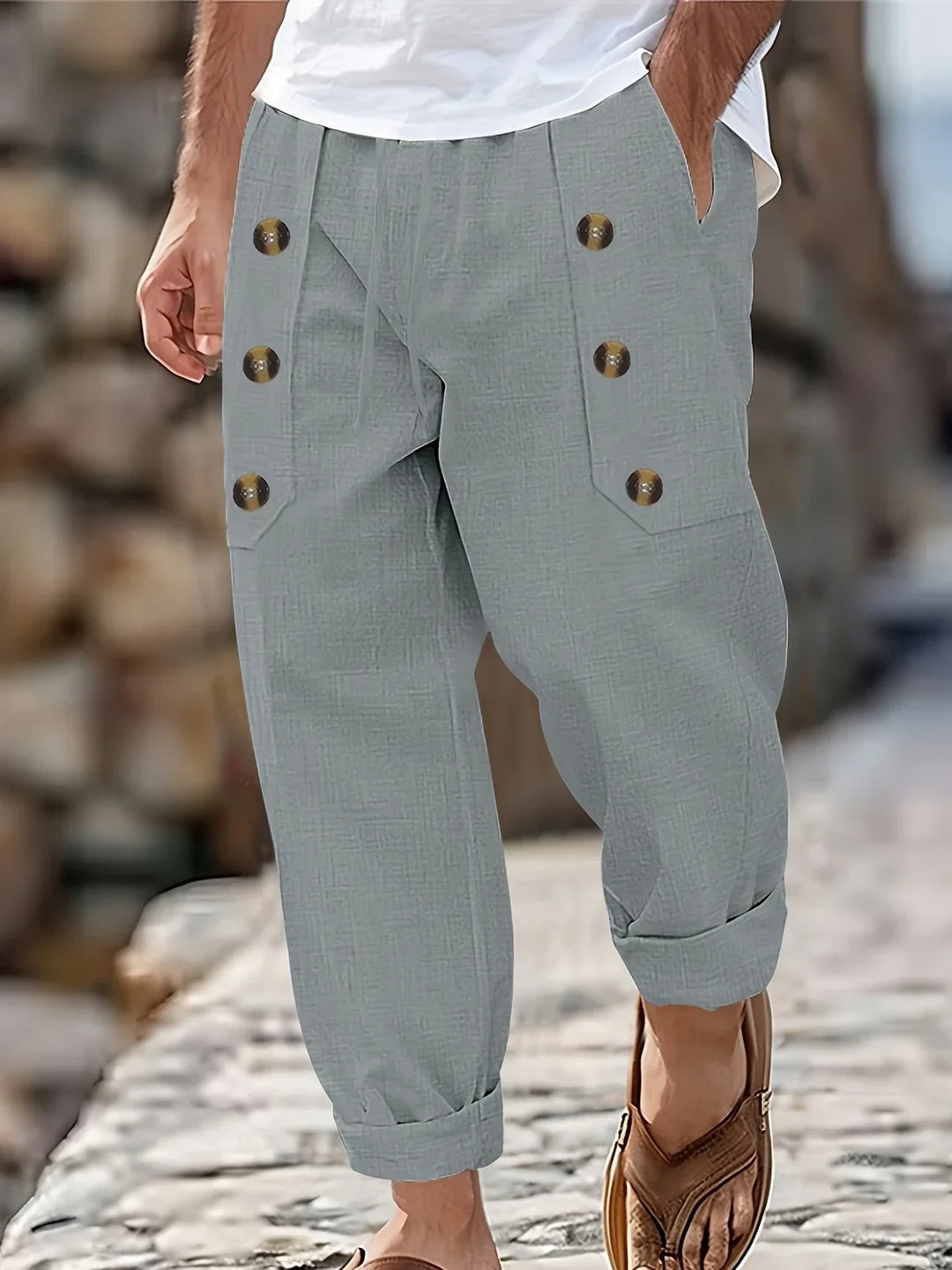 Beslan - Elegant Straight Leg Pants With Golden Buttons