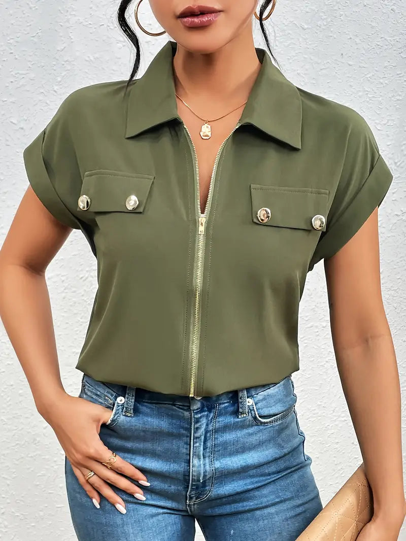 Alfano - Elegant Short Sleeve Blouse With Zipper