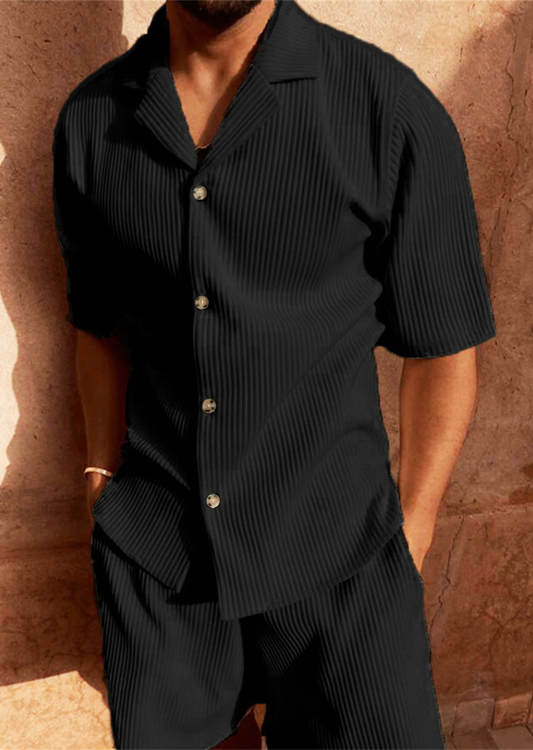 Ardian - Corduroy Short Sleeve Shirt And Shorts Set