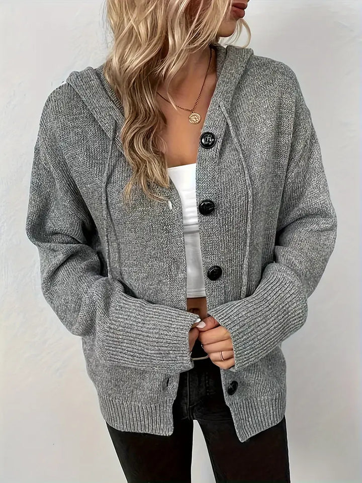 Suthida - Elegant Long Sleeve Hooded Sweater With Button