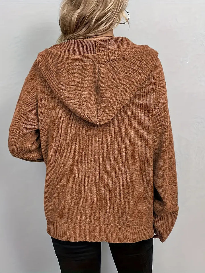 Suthida - Elegant Long Sleeve Hooded Sweater With Button