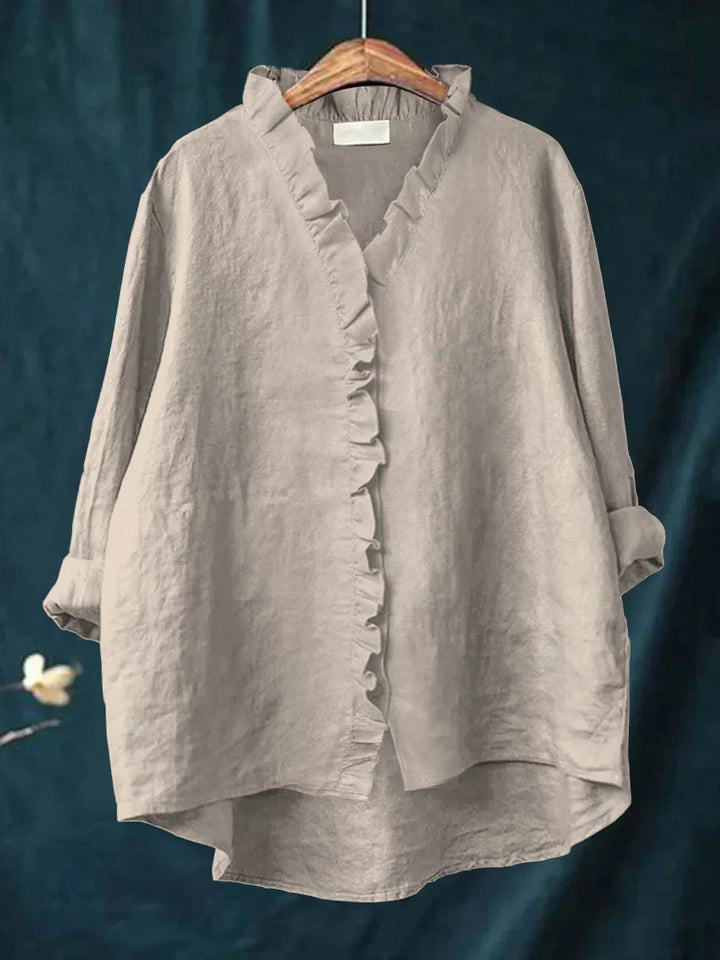 Sanela - Casual Cotton And Linen Ruffle Shirt