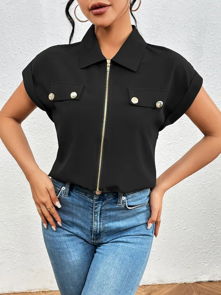 Alfano - Elegant Short Sleeve Blouse With Zipper