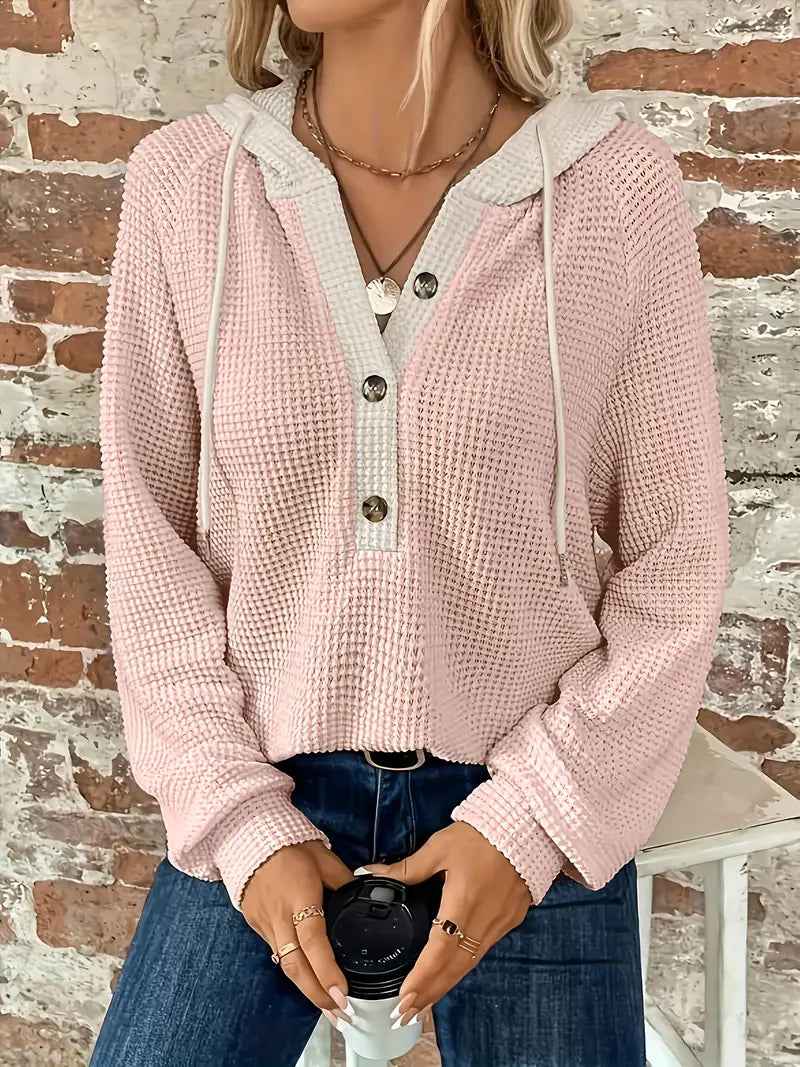 Snezhana - Long Sleeve Button Front Drawstring Hoodie