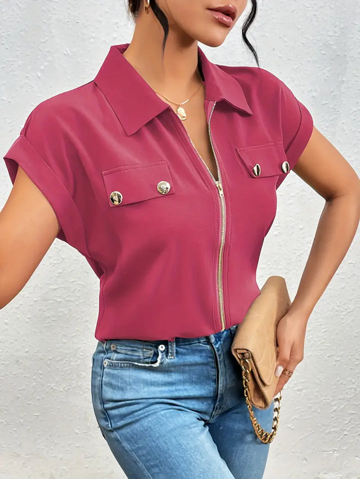 Alfano - Elegant Short Sleeve Blouse With Zipper