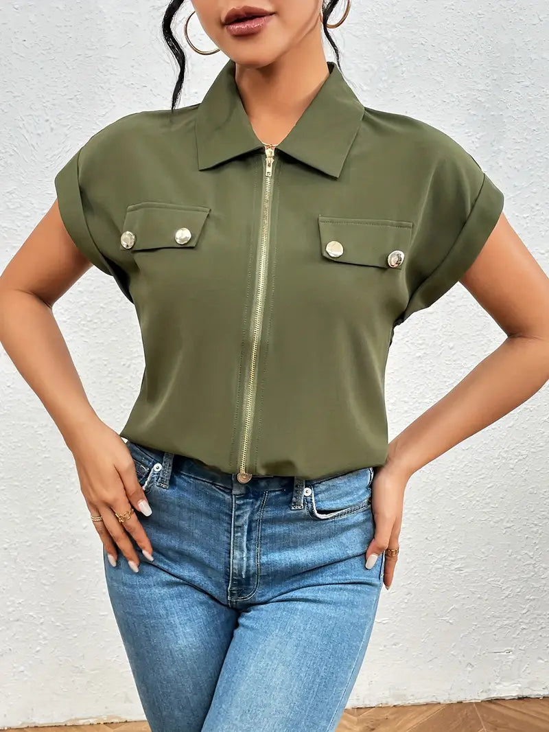 Alfano - Elegant Short Sleeve Blouse With Zipper