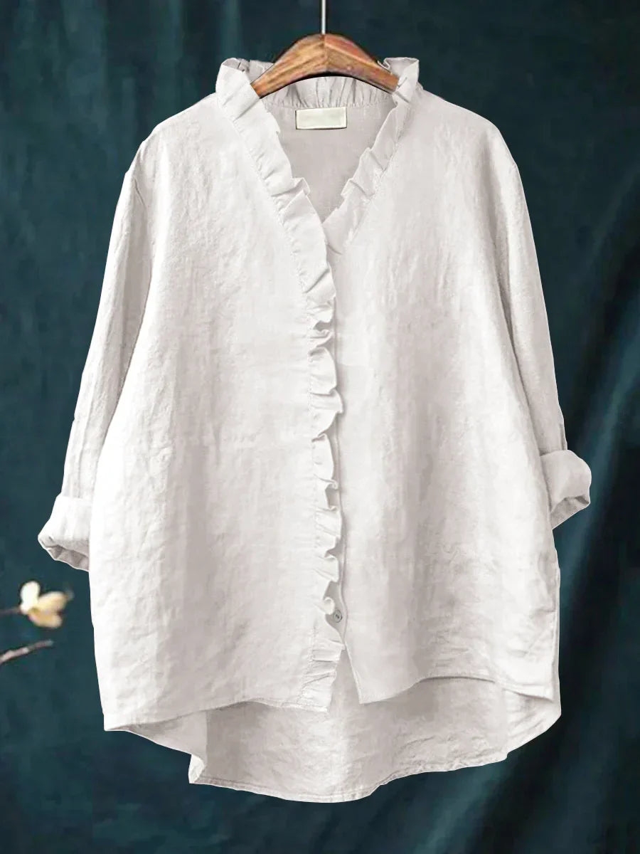Sanela - Casual Cotton And Linen Ruffle Shirt