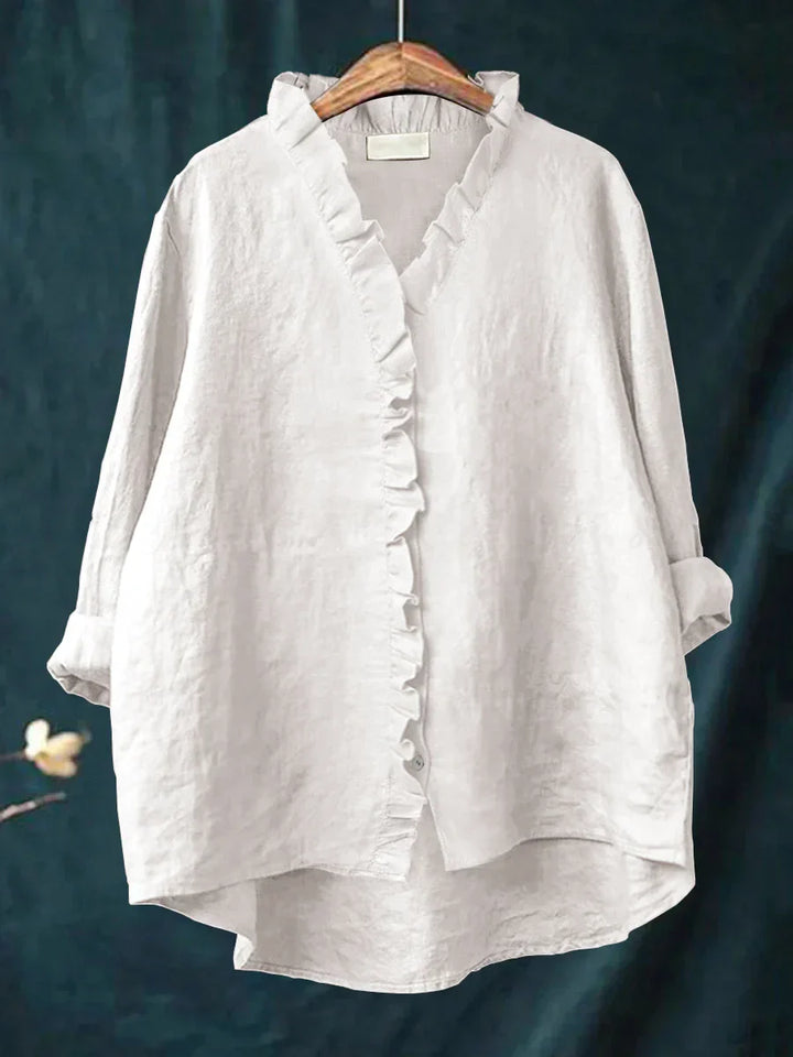 Sanela - Casual Cotton And Linen Ruffle Shirt