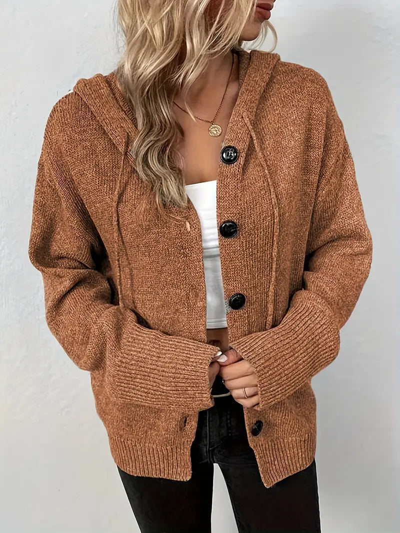 Suthida - Elegant Long Sleeve Hooded Sweater With Button