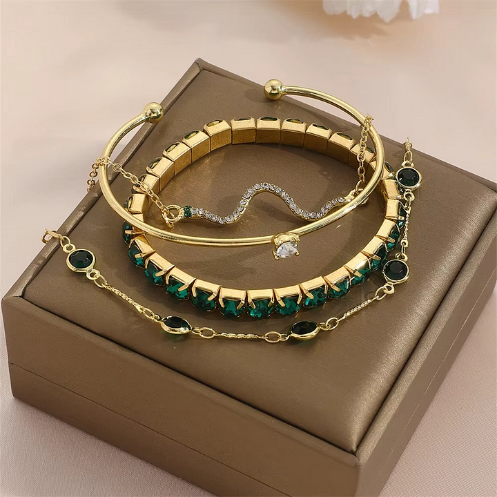 Miray -  Emerald Crystal and Gold Bracelet 4-Piece Set