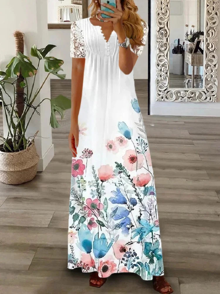 Gerda - Short Sleeve Dress With Lace Print