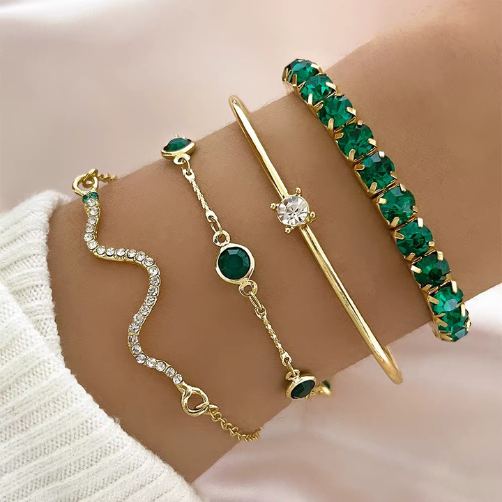 Miray -  Emerald Crystal and Gold Bracelet 4-Piece Set