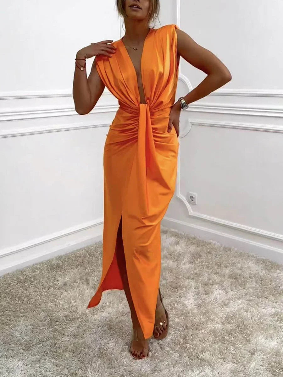 Jolira - Classic Midi Dress With Ruched Draped Slit