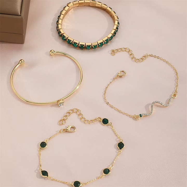 Miray -  Emerald Crystal and Gold Bracelet 4-Piece Set
