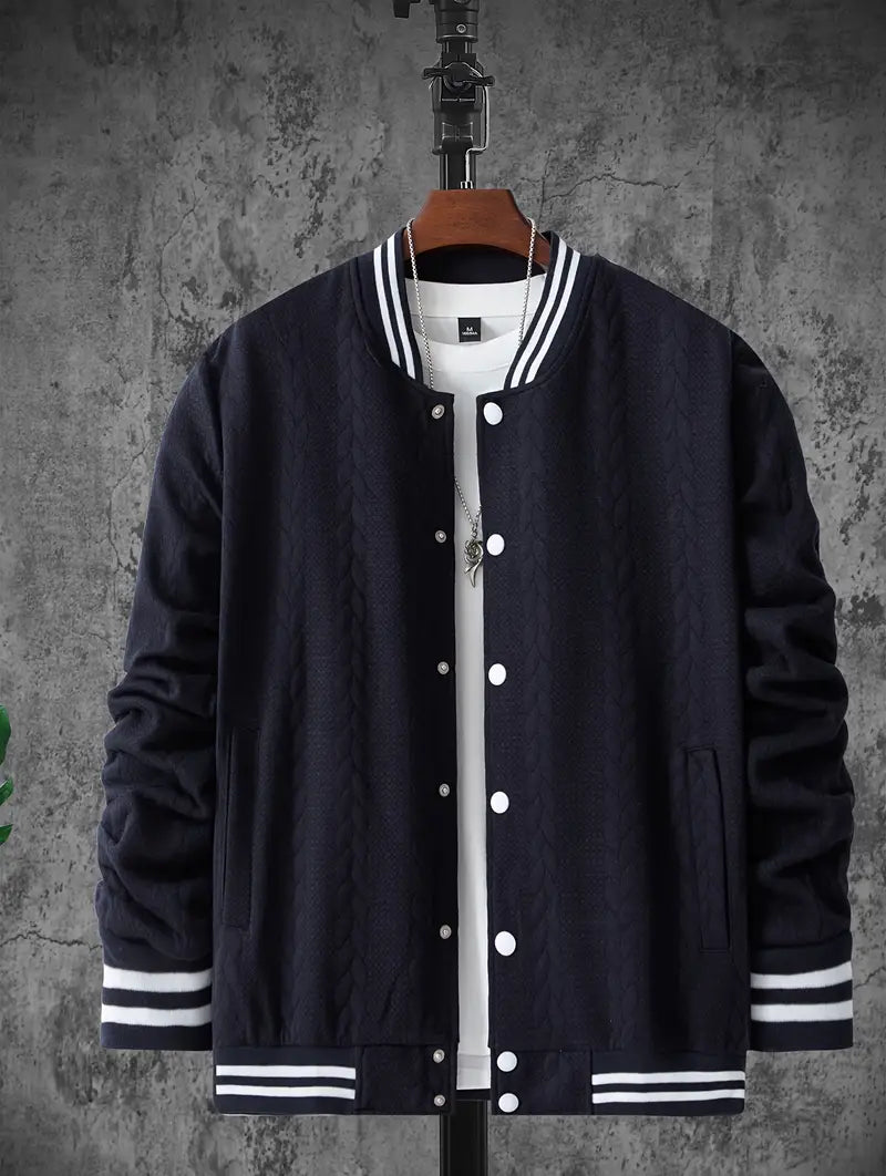 Felips - Stripe Decor Jacquard Baseball Jacket