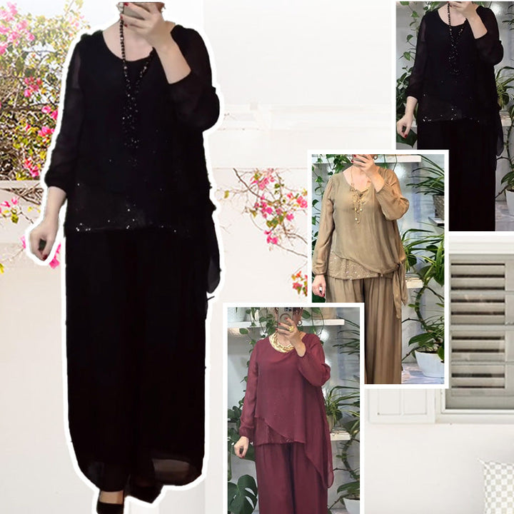 Quirinia - Sequin blouse and wide-leg pants set